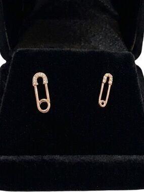 Real 14k Rose Gold Diamond Safety Pin Stud Earring | Fine Jewelry Luxury